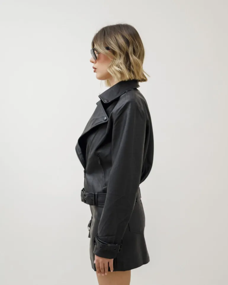 Chiodo crop in simil-pelle NERO – 5165